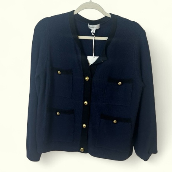 Free Assembly NEW black and blue preppy button down ladies cardigan size Medium - Picture 1 of 8